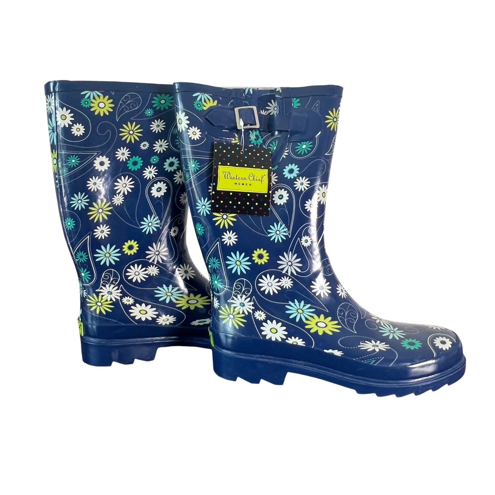 Western Chief Womens Daisy Paisley Navy Blue Rubber Rain Boots Size 9 840135 NEW